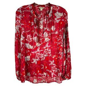 Lucky Brand XS Top Red Floral‎ Long Sleeve V Neck Pullover Tassels Boho 945